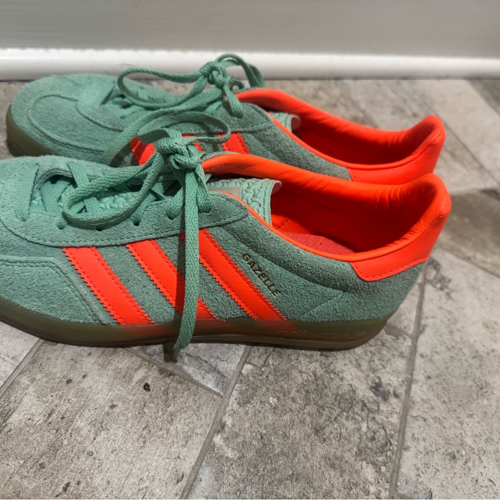 adidas Green Suede Sneakers with Bright Orange Stripes - Picture 10 of 16